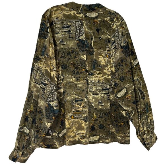 Vintage Annie Alexander Green Silk Button-Up Shirt w/Map Design Women's Size 12 - Picture 2 of 6